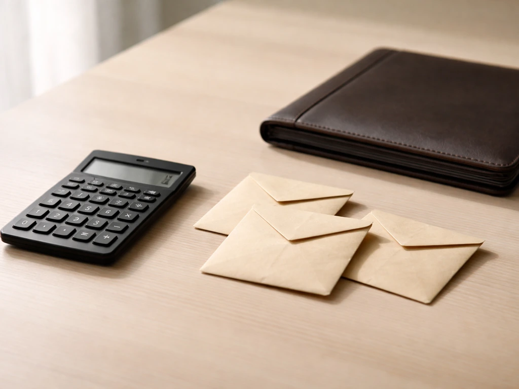 Minimal photo of a desk with scattered cash envelopes and a calculator, symbolizing a net worth breakdown