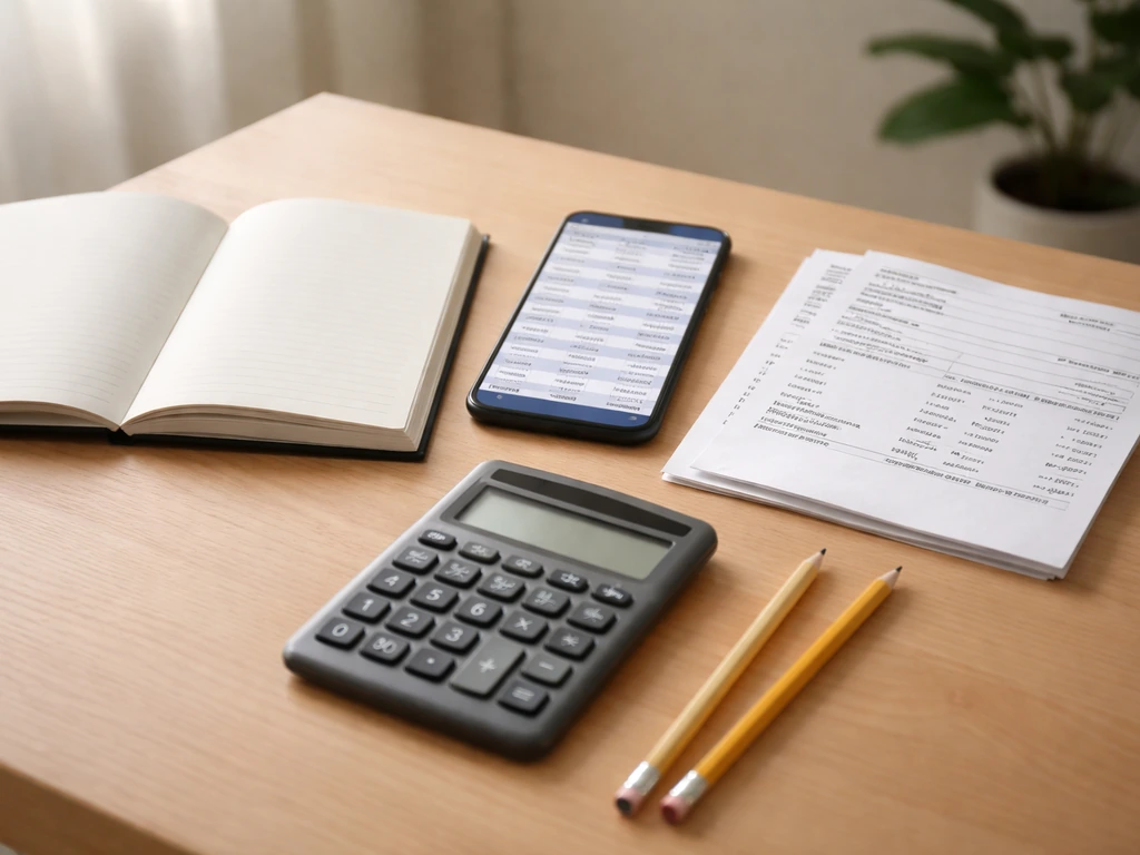 Minimal desk scene with notebook, blurred finance phone, printed pay records, calculator—symbolizing salary verification