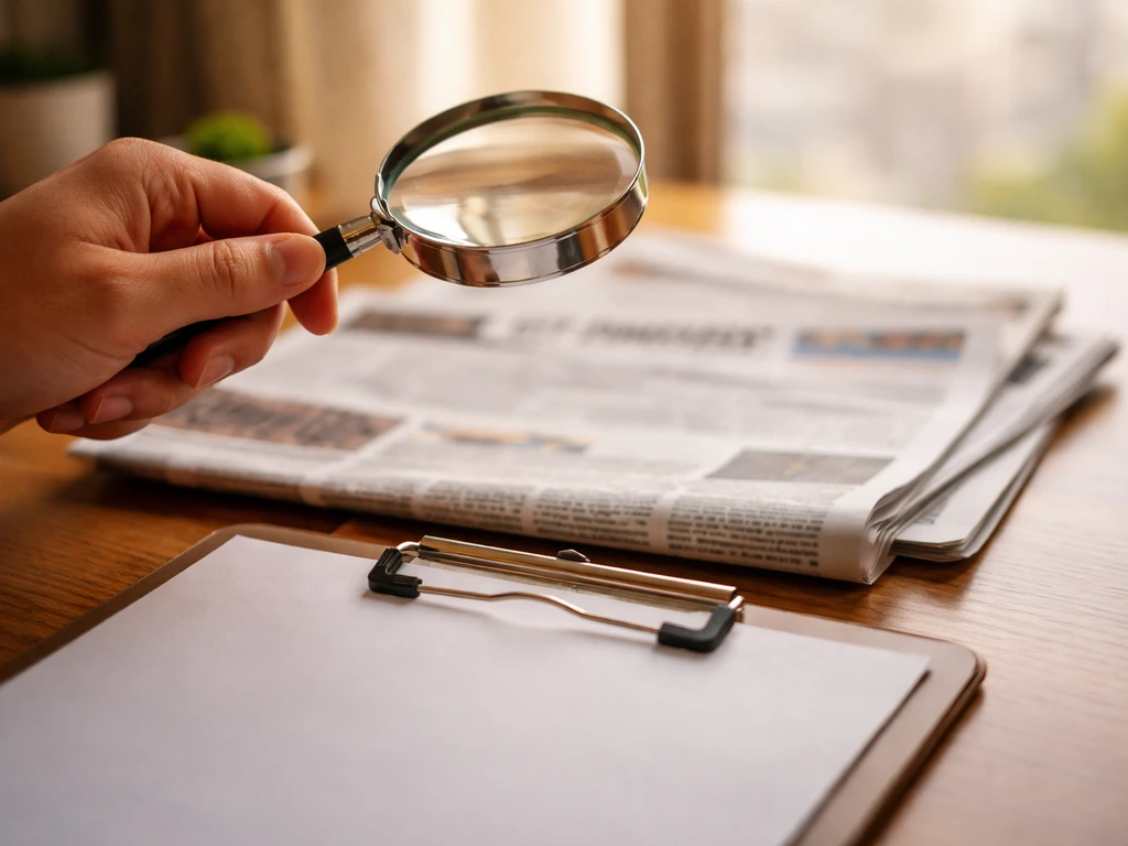 Hand holding a magnifying glass over financial headlines with a blank clipboard, suggesting careful net worth verificati